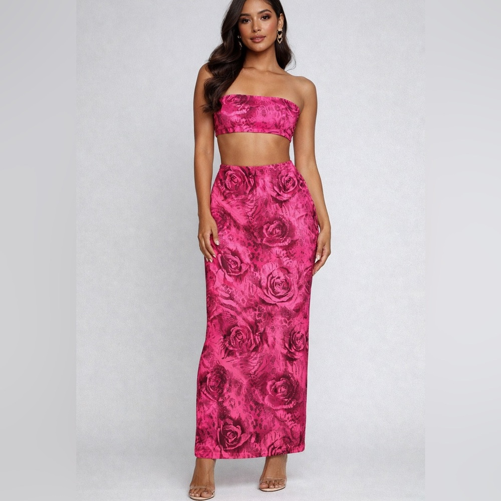 Juniors Large 2Pc‎ Hot Pink Floral Maxi Skirt Set Bandeau Tube Top Matching